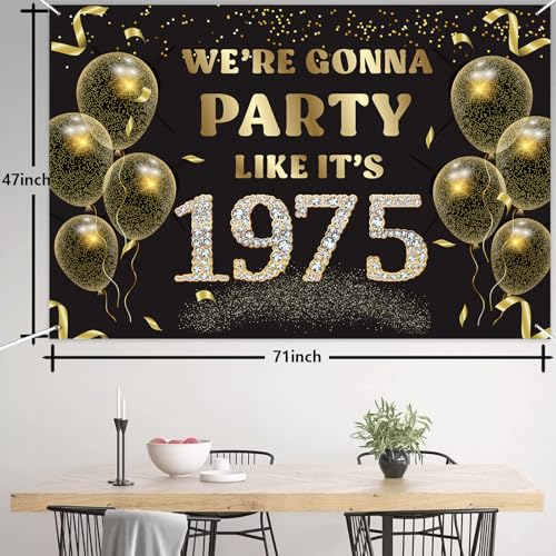 We’re Gonna Party Like It’s 1975 Birthday Banner Backdrop Cheer to 51st Birthday Party Supplies for Men Women Photography Decorations Black and Gold Glitter Favors - size: 1975