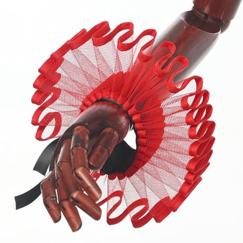 Renaissance Victorian Ruffle Collar and Wrist Cuffs Set Organza Colonial Clown Choker Neck Collar Cuff - color: Z Style a Red