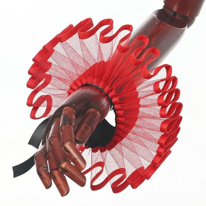 Renaissance Victorian Ruffle Collar and Wrist Cuffs Set Organza Colonial Clown Choker Neck Collar Cuff - color: Z Style a Red