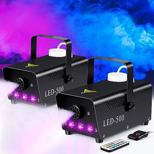 2 Set 500 W Fog Machine with LED Remote Control Halloween | Practical Style, 3 LED Lights for Stage Effects, Wireless Remote, Power Cord Included, Ideal for Weddings DJ Performances