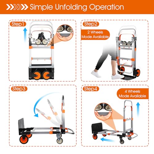 3 in 1 Folding Hand Truck Dolly Cart with Wheels Foldable Heavy Duty Moving Cart Aluminum Collapsible Hand Cart 600LBS Convertible Dolly for Moving Furniture Shopping Home Office Warehouse