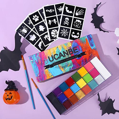 UCANBE Athena Face Body Painting Kit - 20 Color Large Deep Pan Paint, 24 Stencils, 2pcs Brushes, Professional Oil Based SFX Makeup Palette for Art, Theater, Halloween, Parties and Cosplay - color: Set #2