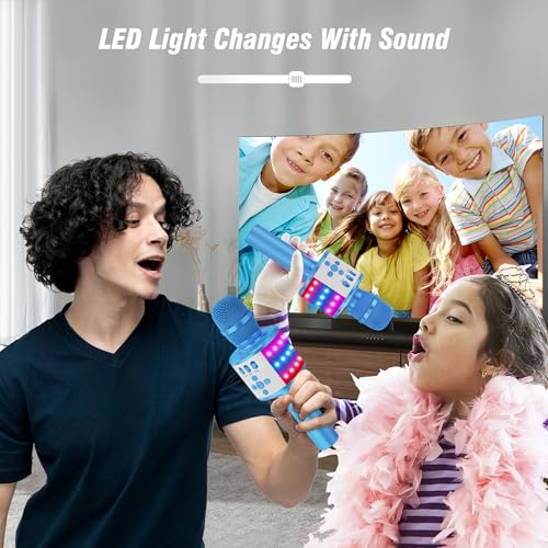 BONAOK Karaoke Microphone for Kids & Adults - Bluetooth Microphones Singing Mic with Disco Lights, Echo Effect, Built-in Speaker Portable Karaoke Player for Party Travel Gifts Q78(Blue) - color: Blue