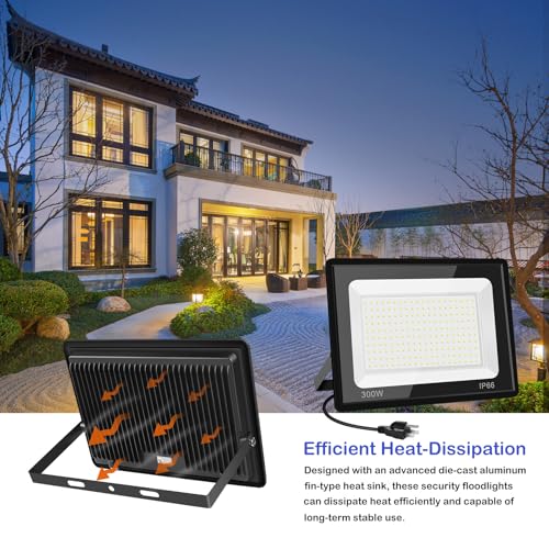 2 Pack 300W LED Flood Light Outdoor,2000W Equivalent 36000LM 6000K Daylight White Super Bright FloodLight with Plug,IP66 Waterproof Commercial Lighting for Sports Fields,Counts,Arena,Stadium - size: 300w-2pack