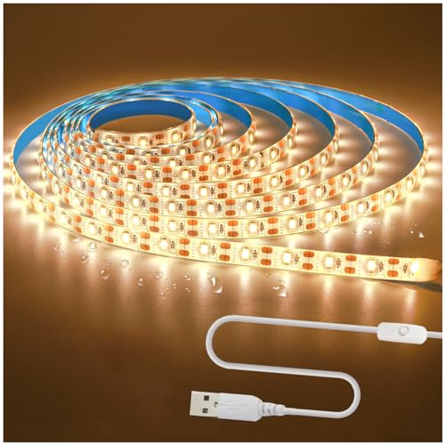5V USB LED Strip Lights, Warm White 3500K 9.84ft SMD 2835 IP65 Waterproof 180 LEDs Plug and Play Rope Light Strips with Switch for Bedroom, Kitchen Decoration - color: 5V USB Warm White