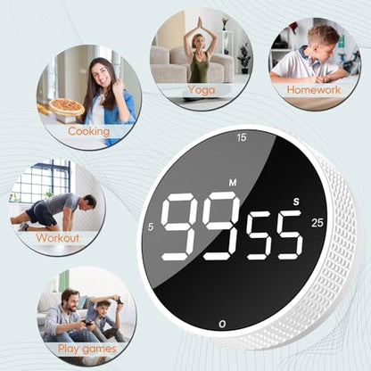 Digital Kitchen Timer - Magnetic Countdown Count Up Clock with Large LED Display, 5/15/25 Min Presets, 3 Volume Levels, Rotary Dial for Cooking, Productivity, Classroom, Fitness (2, White) - color: White