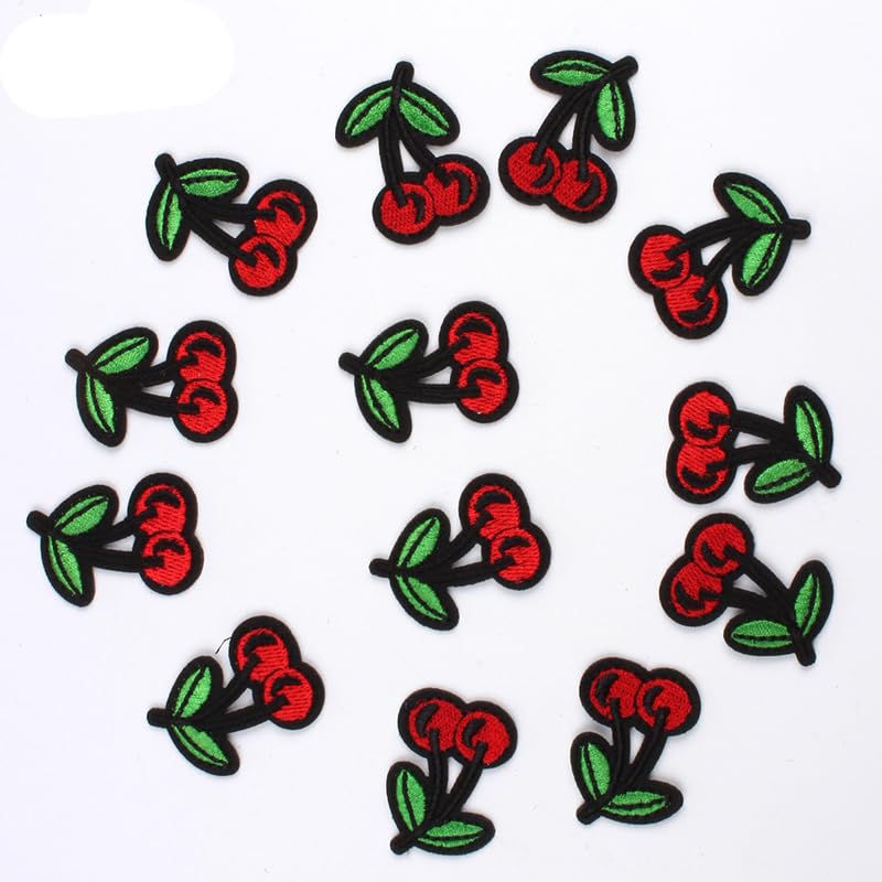 Yalulu 40Pcs Red Cherry Patch Iron on Patches, Fruit Sew/Iron on Decal Repair Patch, Cherries Embroidered Patches, Sew On/Iron On Patch Applique