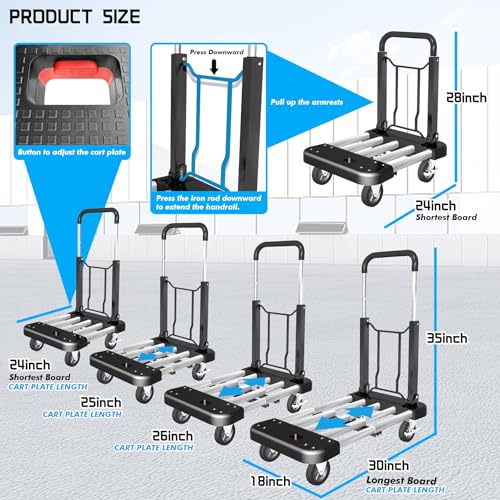 WarmyouHaul Pro Folding Hand Truck, 441LBS Capacity, Adjustable Platform (24-30") & Handle (28-35") 4" Rubber Wheels with 360° Swivel & Parking Brake, for Moving, Apartment, Warehouse, Commercial Use - color: Black