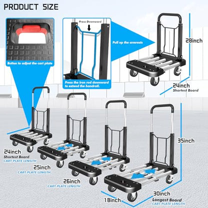 WarmyouHaul Pro Folding Hand Truck, 441LBS Capacity, Adjustable Platform (24-30") & Handle (28-35") 4" Rubber Wheels with 360° Swivel & Parking Brake, for Moving, Apartment, Warehouse, Commercial Use - color: Black