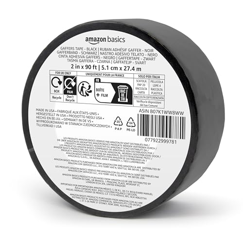 Amazon Basics No Residue, Non-Reflective Gaffers Tape for Photography, 2 inch x 90 feet, Black - color: Black, size: 2" x 90'