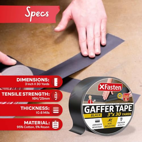 XFasten Black Gaffers Tape 7.6cm x 27.4m(3인치 x 30야드) 잔류물 없는 매트 블랙 개퍼 테이프 7.6cm(3인치) 무반사 찢어지기 쉬운 블랙 개프 테이프 전기 코드용 바닥 테이프 - color: 블랙., size: 3 inch x 30 yards