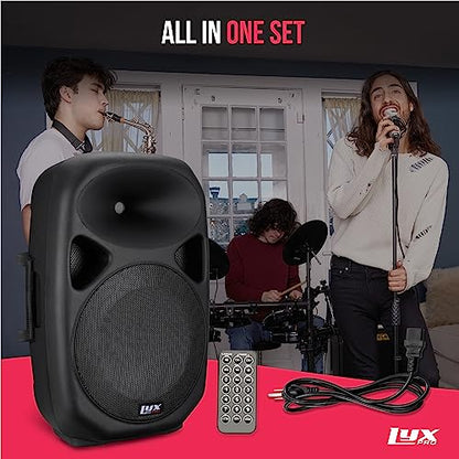 LyxPro 15 Inch PA Active Speaker System Compact and Portable with Equalizer, Bluetooth, MP3, USB, SD Card Slot, XLR, 1/4”, 3.5mm Input, Carry Handles, SPA-15