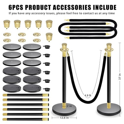 Black Stanchions and Velvet Ropes 6pcs Stainless Steel Posts | 4pcs 5ft Black Velvet Ropes Crowd Control Barriers with Durable Refillable Base for Wedding, Party & Exhibition Events - color: Black-Gold, size: 6 PCS