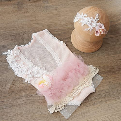 Zeroest Baby Girls Photography Lace Outfits & Props | Newborn Girl Photo Shoot Set with Romper, Headbands, Infant Photoshoot Prop - color: Pale Peach