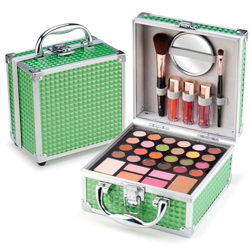 Color Nymph Beginner Makeup Kit For Teens With The Small Cosmetic Train Case Included 24-Colors Eyeshadow Palette Blushes Bronzer Highlighter Lipstick Brushes Mirror(Green) - color: Green