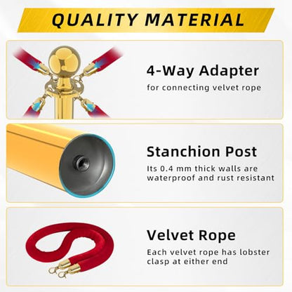 Gold Stainless Steel Stanchions Rope - Crowd Control Barriers with Red Carpet Safety Barrier, Velvet Ropes and Posts & Retractable Belts for Party Theater Weddings, Museums - 8 Pcs - color: Gold, size: 8Pcs
