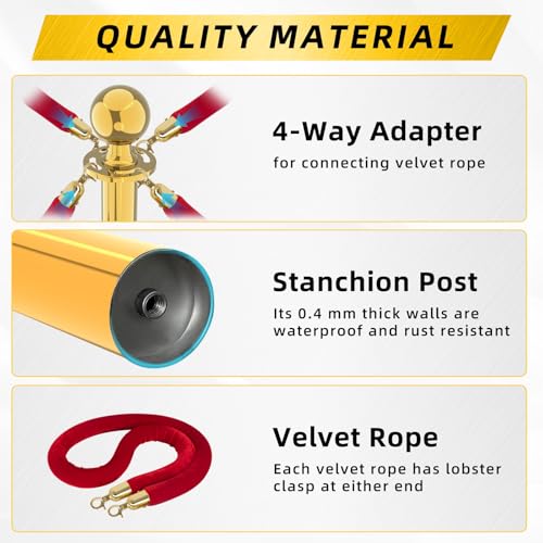 Gold Stainless Steel Stanchions Rope - Crowd Control Barriers with Red Carpet Safety Barrier, Velvet Ropes and Posts & Retractable Belts for Party Theater Weddings, Museums - 6 Pcs - color: Gold, size: 6Pcs