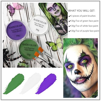 White Green Purple Face Body Paint, Face Painting Kit with Brushes for Beetlejuice & Frankenstein Halloween Makeup, Facepaints for Witch Ursula Maleficent Costume Cosplay & Monster Skeleton SFX Makeup - color: White+Light Green+Light Purple+3Pcs Brushes