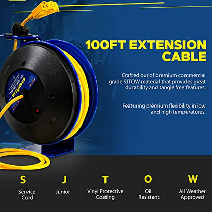 Goodyear Extension Cord Reel Retractable 14AWG x 100' Feet | 3C SJTOW Cable Triple Tap Connector Power Rating 125 Volt AC 13 Amp 1625 Watt Industrial Steel Single Arm