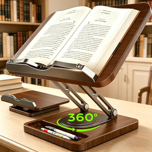LOXP Book Stand with Storage, 360° Rotating Cookbook Stand, Ergonomic | Adjustable height angle,Hands-free, anti-slip base, Elastic Page Clips for Laptop Tablet, Foldable for Kitchen School