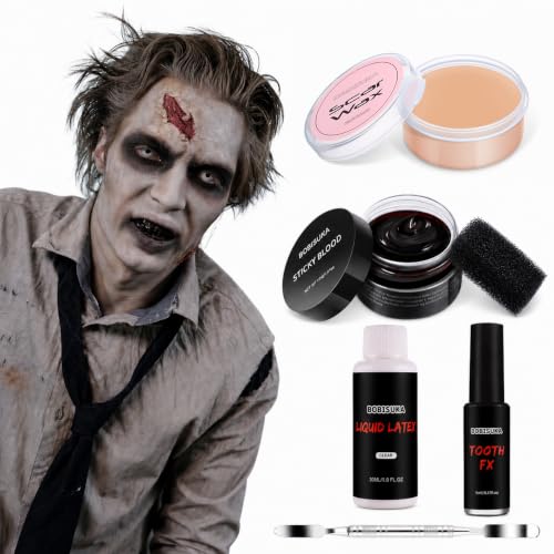 BOBISUKA 6 Piece Halloween SFX Special Effects Makeup Kit - Fake Blood Gel + Clear Liquid Latex + Black Tooth Paint + Modeling Scar Wax with Spatula Tool and Black Stipple Sponge All in One - color: Multi-color 6-Piece