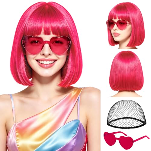 Hot Pink Short Bob Straight Hair Wigs with Bangs, 11inch Synthetic Fiber Colorful Hair, Neon Heart-shaped Sunglasses and Wig Cap for Women, 80s 90s Costume, Halloween, Dress Up - color: Hot Pink