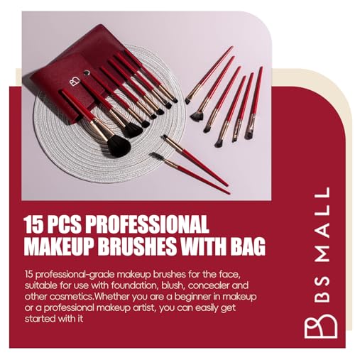 BS-MALL 15PCS Professional Makeup Brushes Set – Multi-Purpose Travel-Friendly Makeup Brush Set with Case – Affordable & Luxury Makeup Kit for Even Application (Golden red)