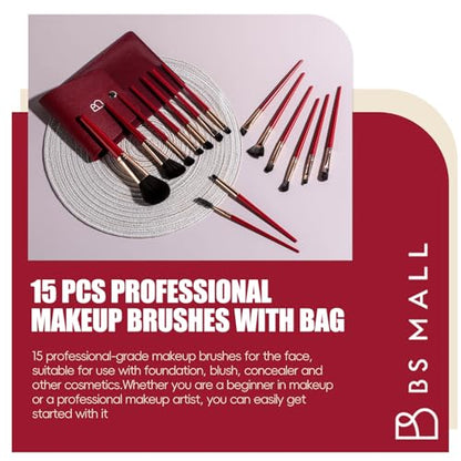BS-MALL 15PCS Professional Makeup Brushes Set – Multi-Purpose Travel-Friendly Makeup Brush Set with Case – Affordable & Luxury Makeup Kit for Even Application (Golden red)