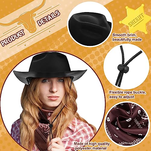 Hillban 48 Pack Cowboy Hats and Bandanas Set, Felt Plastic Cowgirl Hats for Women Men Cowboy Western Party Supplies (Black, Brown) - color: Black, Brown