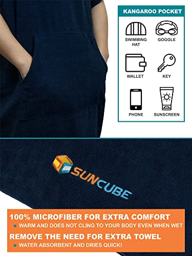 SUN CUBE Surf Poncho Changing Robe with Hood, Wetsuit Changing Hooded Towel | Thick Quick Dry Microfiber, Wetsuit Changing Towel, Surfing Beach Swim Outdoor Sports Cover Up, Adult Wearable Poncho - color: Navy