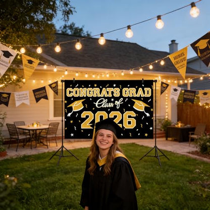 Graduation Party Backdrop 39x59 Inches, Black Gold Theme Class of 2026 Photo Booth Background for Commencement - style: Black Gold Backdrop