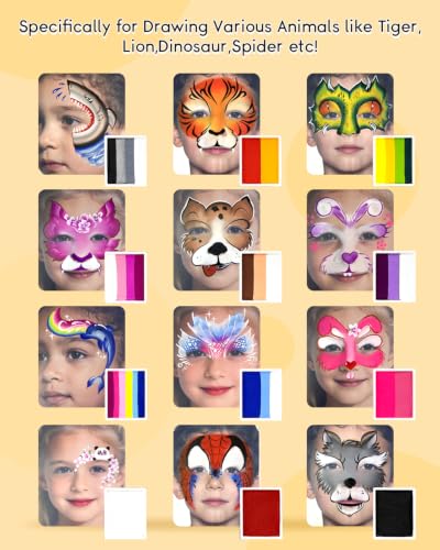 Anka Bella Face Painting Kit for Kids & Adults, Split Cake Water Activated Face Paint Palette with 14 Brushes,Non Toxic Hypoallergenic Washable Face Paint for Drawing Tiger,Lion,Dinosaur,Spider - color: ZooDazzle Palette