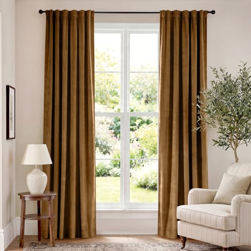 Lazzzy Blackout Golden Brown Velvet Curtains Rod Pocket 52×84 Inch 2 Panels | Soft Velvet, For Bedroom & Living Space, Light Shifting Texture, Elegant Luxury Drape, Rich - color: R | Gold Brown, size: 52"W x 84"L (Pack of 2)