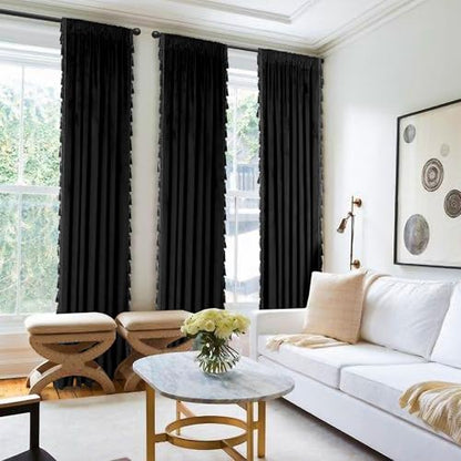 Fazhesici Black Velvet Blackout Curtain, Rod Pocket 2 Panels, 52”W x 120”H | Velvet Drapes with Tassels, Thermal Soundproof Blackout Curtains for Living Room - color: Black, size: 52"W x 120"L (Pack of 2)