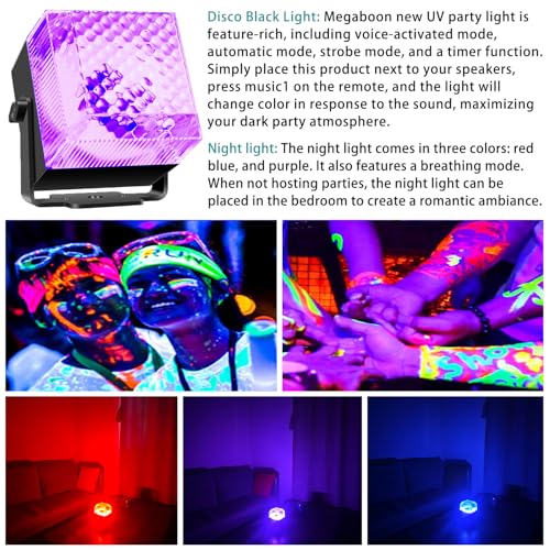 2 in 1 Disco Black Light Glow Party Lights,10W UV Disco Ball Light with Sound Activated Strobe Light Halloween Dj Party Lights Indoor for Halloween Christmas Birthday Party Dancing Decoration, 1 Pack