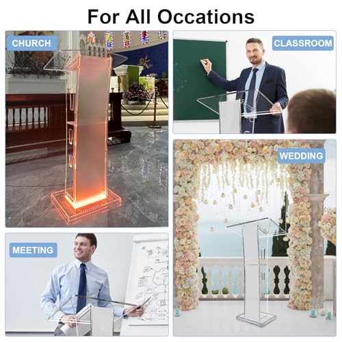 Acrylic Podium Stand, Ultra Clear 43'' Pulpits for Churches with 15 Color Adjustable, Modern Lectern with Storage Sheld for Church,Conference,Speech,Classroom, 23.62”x 15.75”X 43.3”