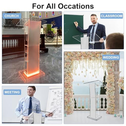 Acrylic Podium Stand, Ultra Clear 43'' Pulpits for Churches with 15 Color Adjustable, Modern Lectern with Storage Sheld for Church,Conference,Speech,Classroom, 23.62”x 15.75”X 43.3”