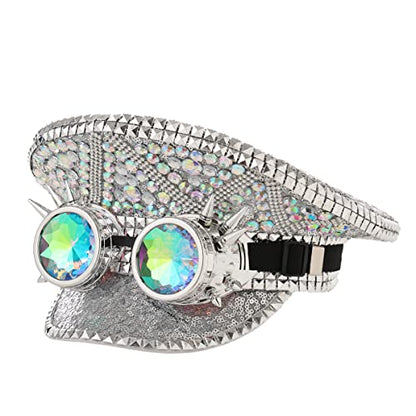 GRACEART Women's Burning Man Sequin Hat Mucis Festival Military Captain Hats Steampunk Caps with Goggles - style: Style-16(with Goggle)