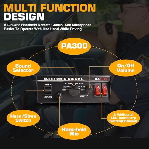 12V 100W Emergency Siren PA System Kit - 108-134dB Slim Speaker, 6 Sound Modes (Yelp/Wail/Hi-Lo), Vehicle Pa System with PTT Mic & Radio Input for Police Fire Tow Trucks UTV ATV