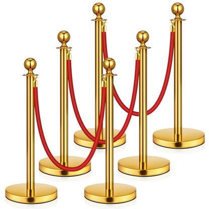 6 Pack Upgraded Stainless Steel Stanchions and Velvet Ropes 5FT Extended Red Carpet Ropes Poles Crowd Control Safety Barriers Set with Stable Base for Theaters Parties Wedding Exhibition (Gold)