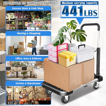 WarmyouHaul Pro Folding Hand Truck, 441LBS Capacity, Adjustable Platform (24-30") & Handle (28-35") 4" Rubber Wheels with 360° Swivel & Parking Brake, for Moving, Apartment, Warehouse, Commercial Use - color: Black