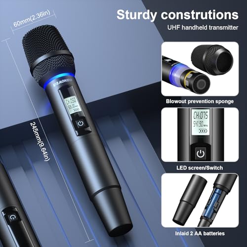 Aokeo Wireless Microphones System, 4 Channel UHF Wireless Mics,with 4 Handheld Dynamic Microphones,Metal Receiver for Karaoke,Singing,Wedding,Party,Speech - color: Brown