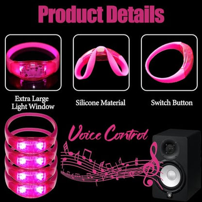 100 Pcs LED Bracelets Sound Activated with Flashing LED Strobe Music Control Light Up Bracelets for Rave, Game Prizes, Birthday Party Favor,Valentine's Day gift - color: Hot Pink