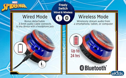 eKids Spiderman Wireless Bluetooth Portable Headphones with Microphone, Volume Reduced to Protect Hearing Rechargeable Battery, Adjustable Kids Headband for School Home or Travel | Volume Reduced and Built-in Microphone - color: Spiderman