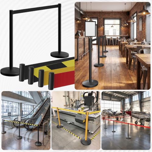 6-Pack Black Stainless Steel Crowd Control Stanchions, 9.8 ft Retractable Black Safety Belts with 1 Sign Holder(Black Belt) - color: Black stanchions w Black Belt, size: 6 pcs
