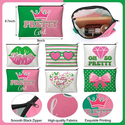 Reginary 12 Pcs Sorority Gifts for Women Pink and Green Sister Makeup Bags | Greek Sorority Cosmetic Bags, Pretty Girl Zipper Pouches, Sister Birthday Friendship Gifts - style: Aka Sorority