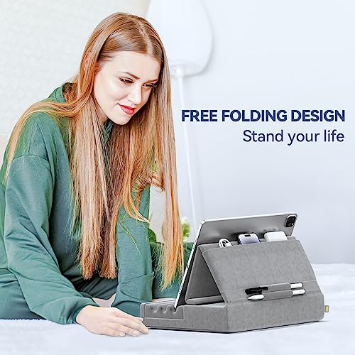KDD Tablet Pillow Holder, Foldable iPad Stand for Lap, Bed and Desk -Tablet Soft Pad Dock with Pocket & Stylus Mount Compatible with iPad Pro 12.9, 10.5, 9.7 Air Mini 6 5 4 3, Galaxy Tab, E-Reader - color: Grey