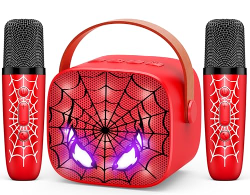 Mini Karaoke Machine Toys Gifts: Kids Toys Birthday Gifts for 4 5 6 7 8 9 Years Old Girl Boy LED Portable Bluetooth Speaker with 2 Wireless Microphone Girl Gift Age 3-12+ - color: Red