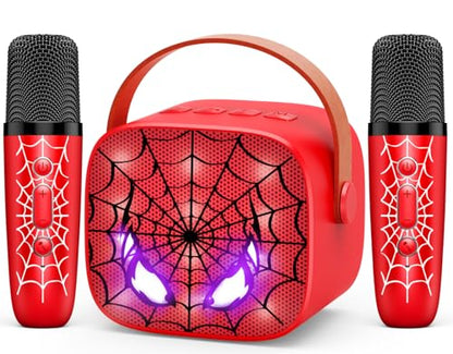 Mini Karaoke Machine Toys Gifts: Kids Toys Birthday Gifts for 4 5 6 7 8 9 Years Old Girl Boy LED Portable Bluetooth Speaker with 2 Wireless Microphone Girl Gift Age 3-12+ - color: Red
