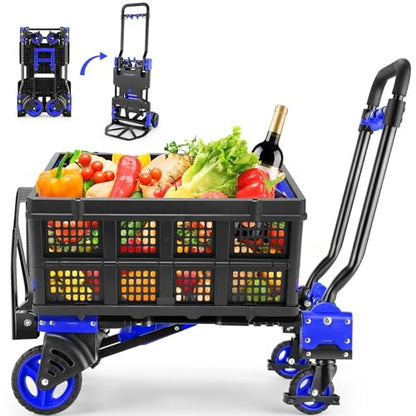 Folding Hand Truck Dolly,330lb Cart+1 Folding Basket,4to2 Wheel Moving Blue | Dolly Cart with Retractable, Aluminum Alloy & Cast Iron Build, Nylon Wheels,Compact Fold,for Moving,Office,Delivery,Outdoor - size: 330LB Blue-B
